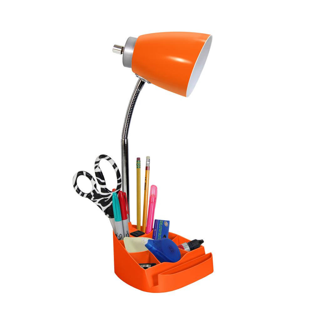 Simple Designs Gooseneck Organizer Desk Lamp with iPad Tablet Stand Book Holder and Charging Outlet, Orange