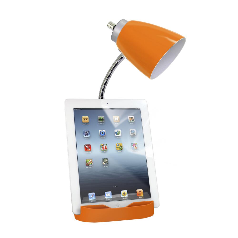 Gooseneck Organizer Desk Lamp with Holder and Charging Outlet, Orange. Picture 3