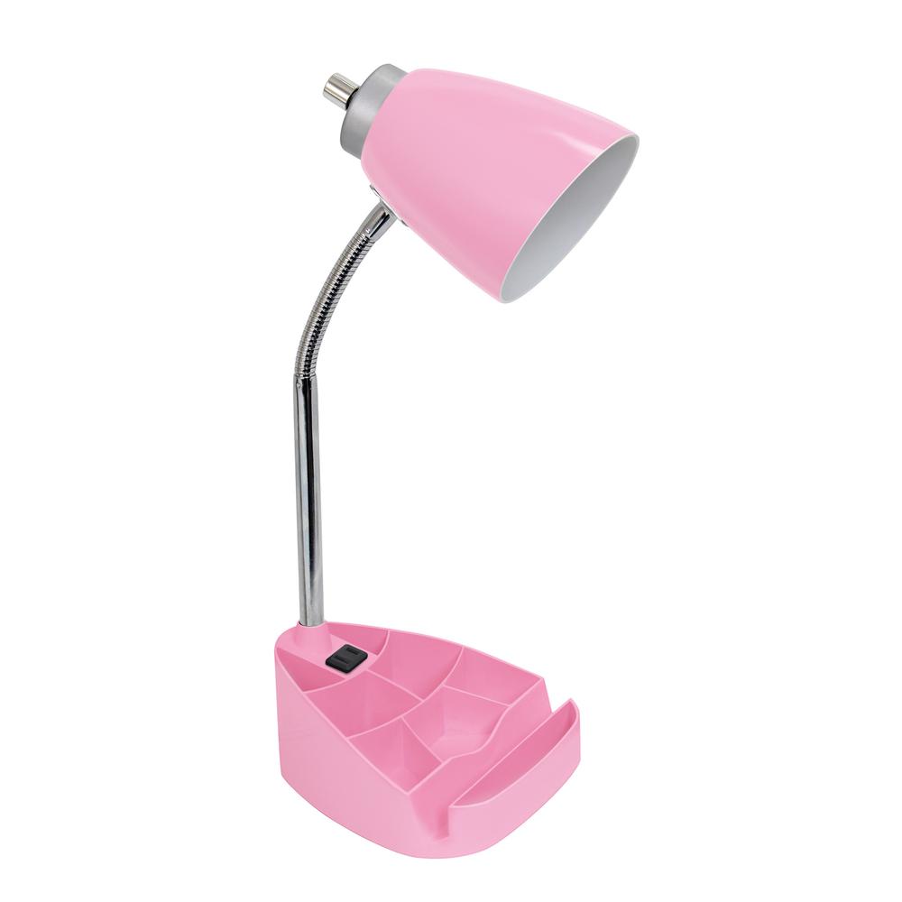 Gooseneck Organizer Desk Lamp with Holder and Charging Outlet, Pink. Picture 1
