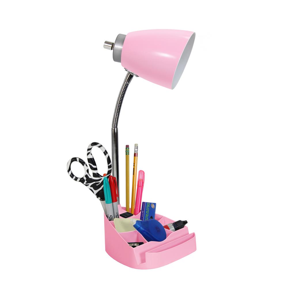 Simple Designs Gooseneck Organizer Desk Lamp with iPad Tablet Stand Book Holder and Charging Outlet, Pink
