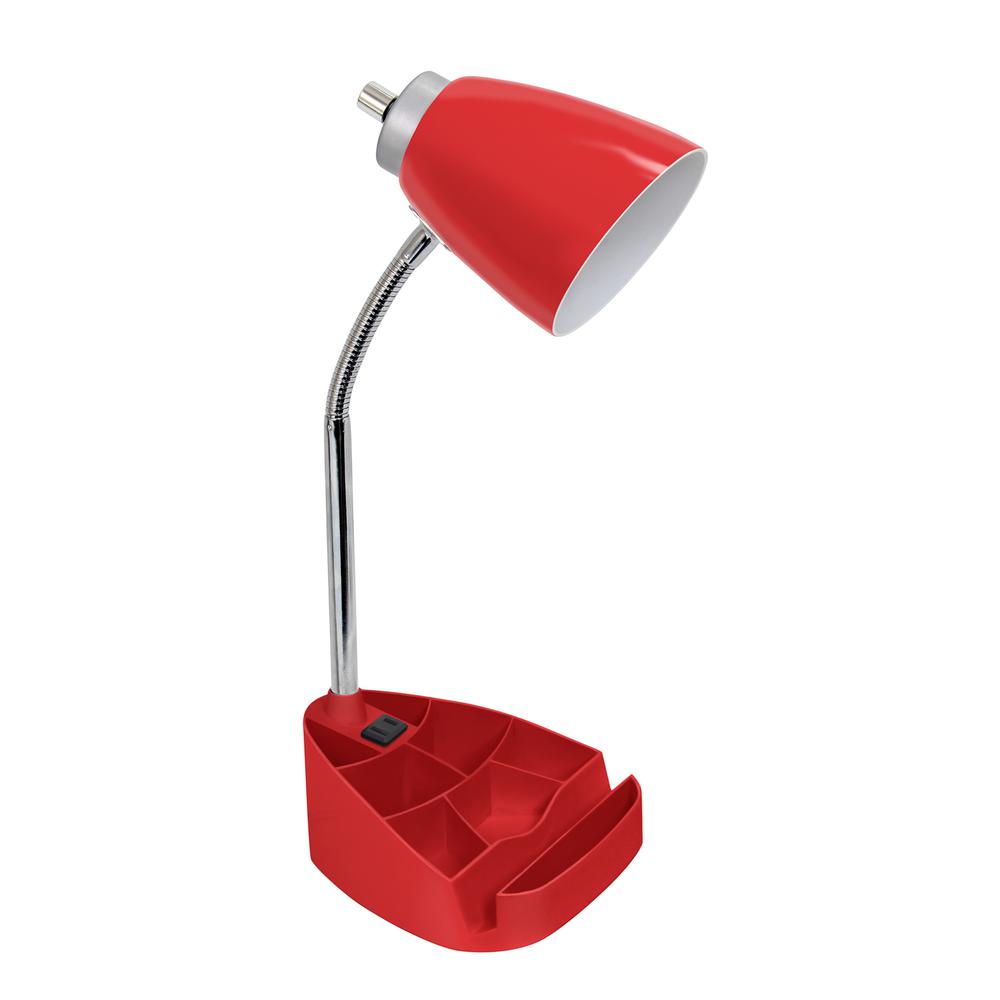Gooseneck Organizer Desk Lamp with Holder and Charging Outlet, Red. Picture 1
