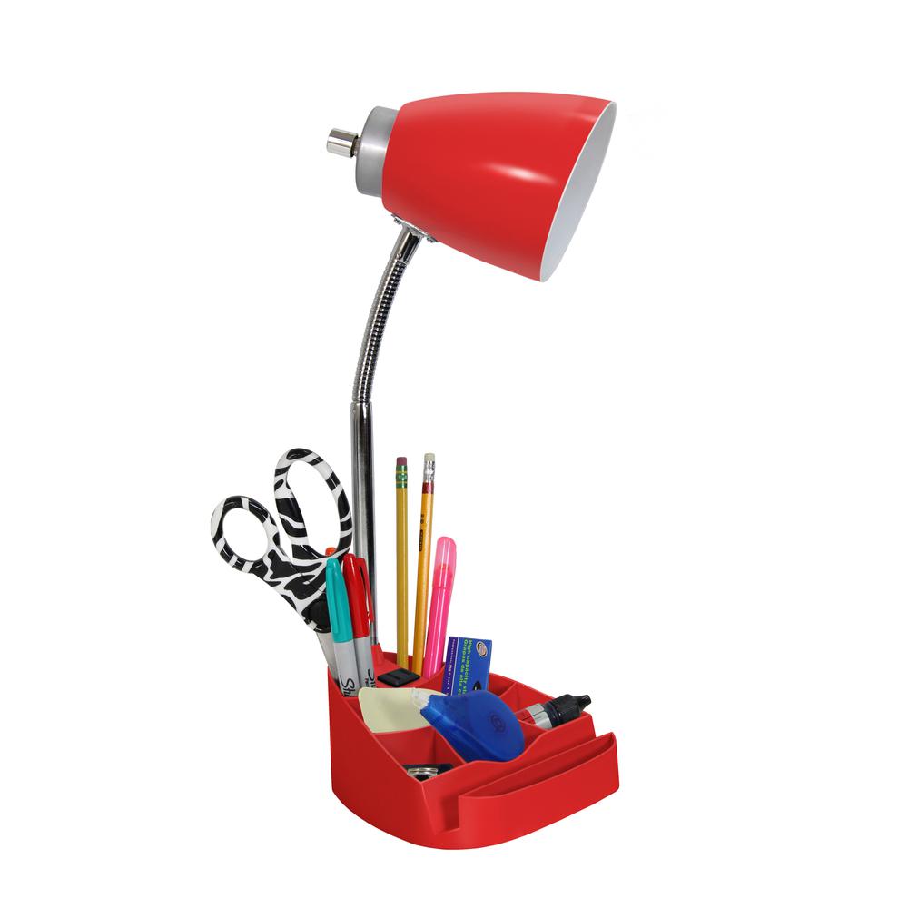 Simple Designs Gooseneck Organizer Desk Lamp with iPad Tablet Stand Book Holder and Charging Outlet, Red