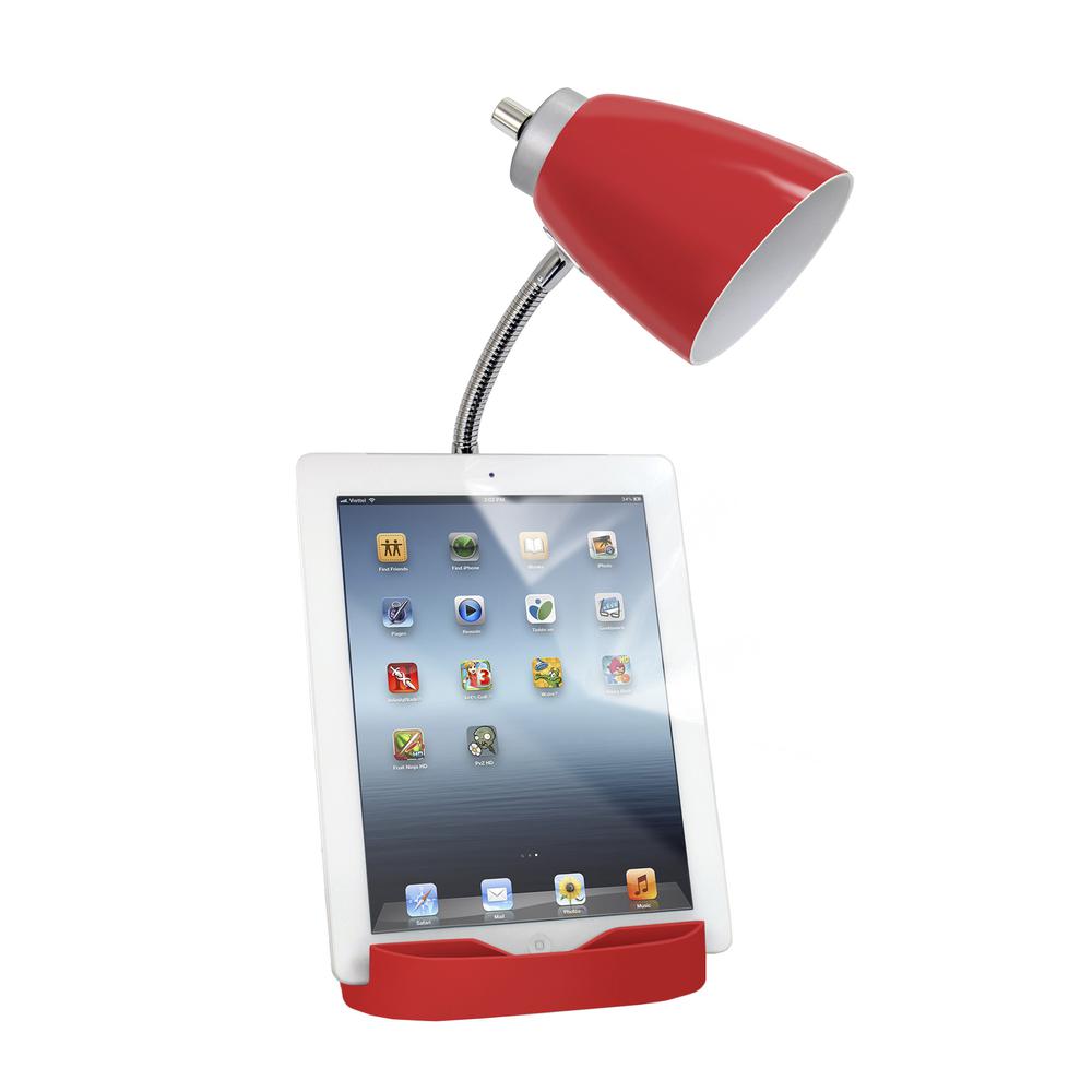 Gooseneck Organizer Desk Lamp with Holder and Charging Outlet, Red. Picture 3