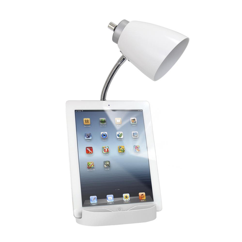 Limelights Gooseneck Organizer Desk Lamp with iPad Tablet Stand Book Holder and Charging Outlet, White