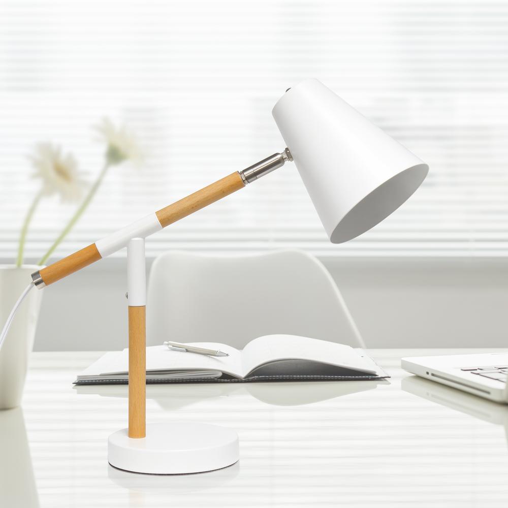 White Matte and Wooden Pivot Desk Lamp. Picture 2