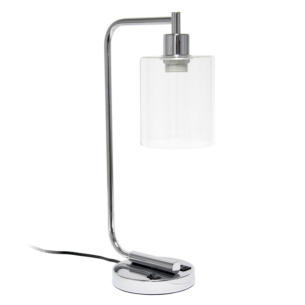 Bronson Antique Industrial Iron Lantern Desk Lamp with USB and Glass, Chrome. Picture 9