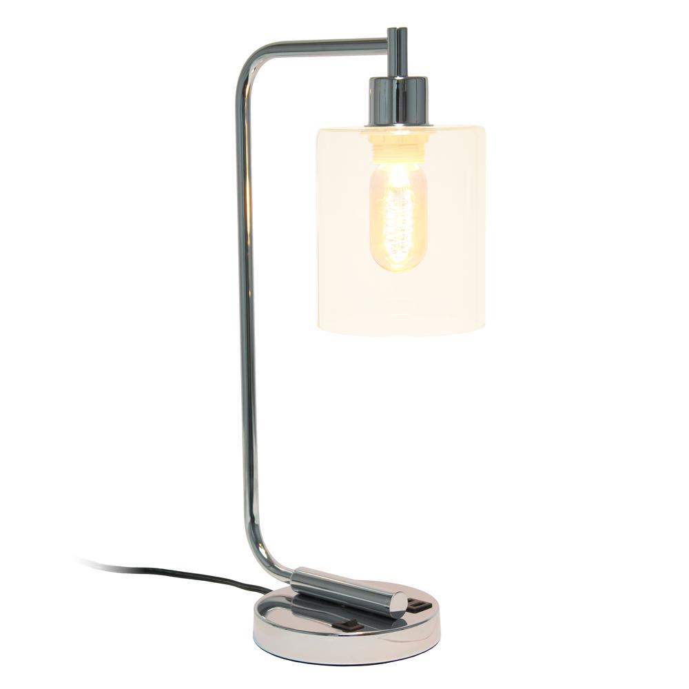 Bronson Antique Industrial Iron Lantern Desk Lamp with USB and Glass, Chrome. Picture 1