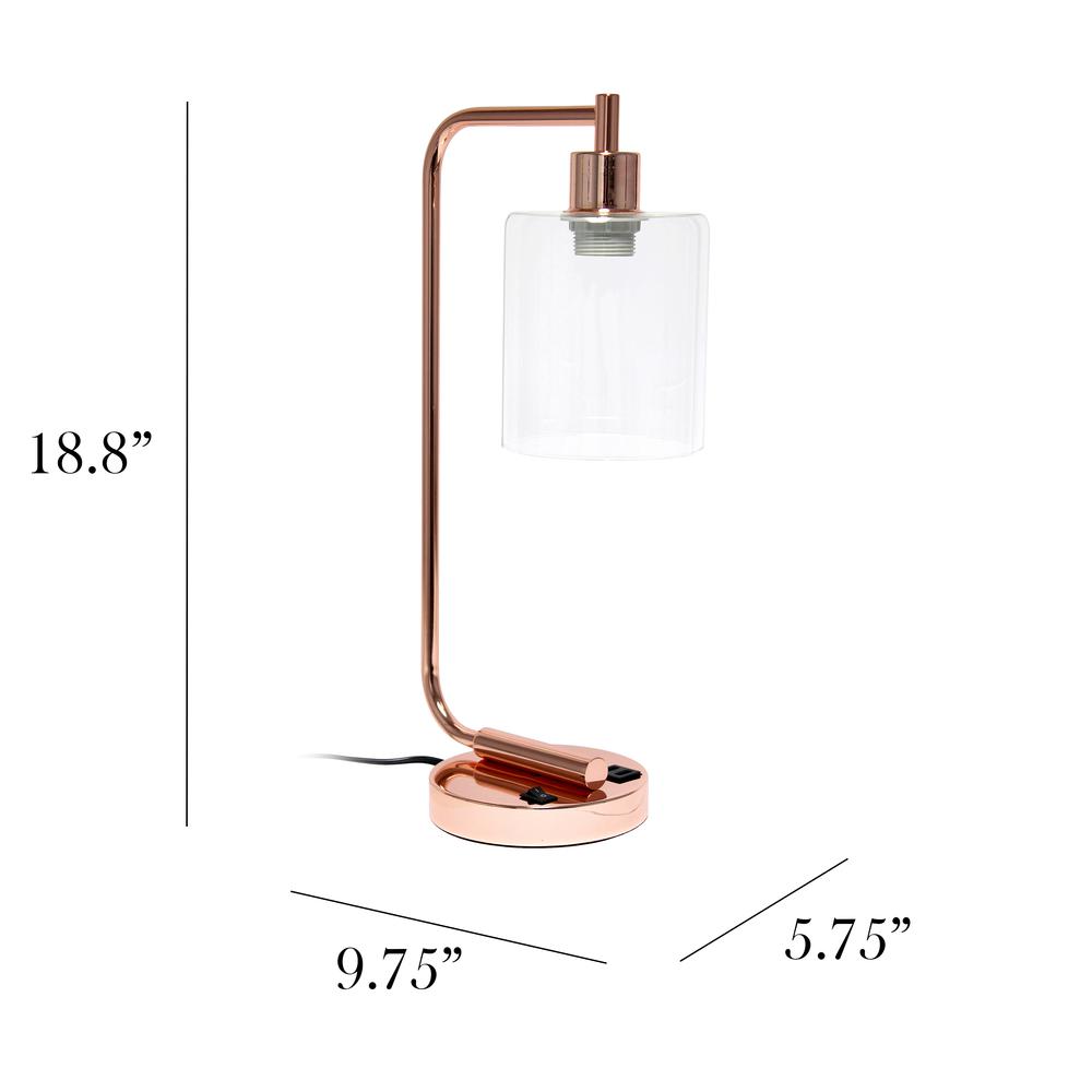 Bronson Antique Industrial Iron Lantern Desk Lamp with USB and Glass, Rose Gold. Picture 4