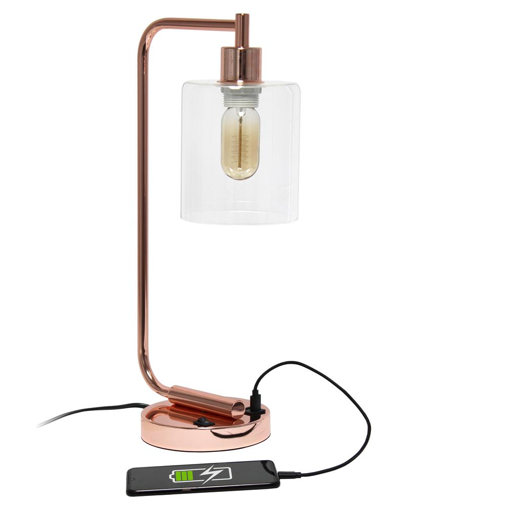 Bronson Antique Industrial Iron Lantern Desk Lamp with USB and Glass, Rose Gold. Picture 5
