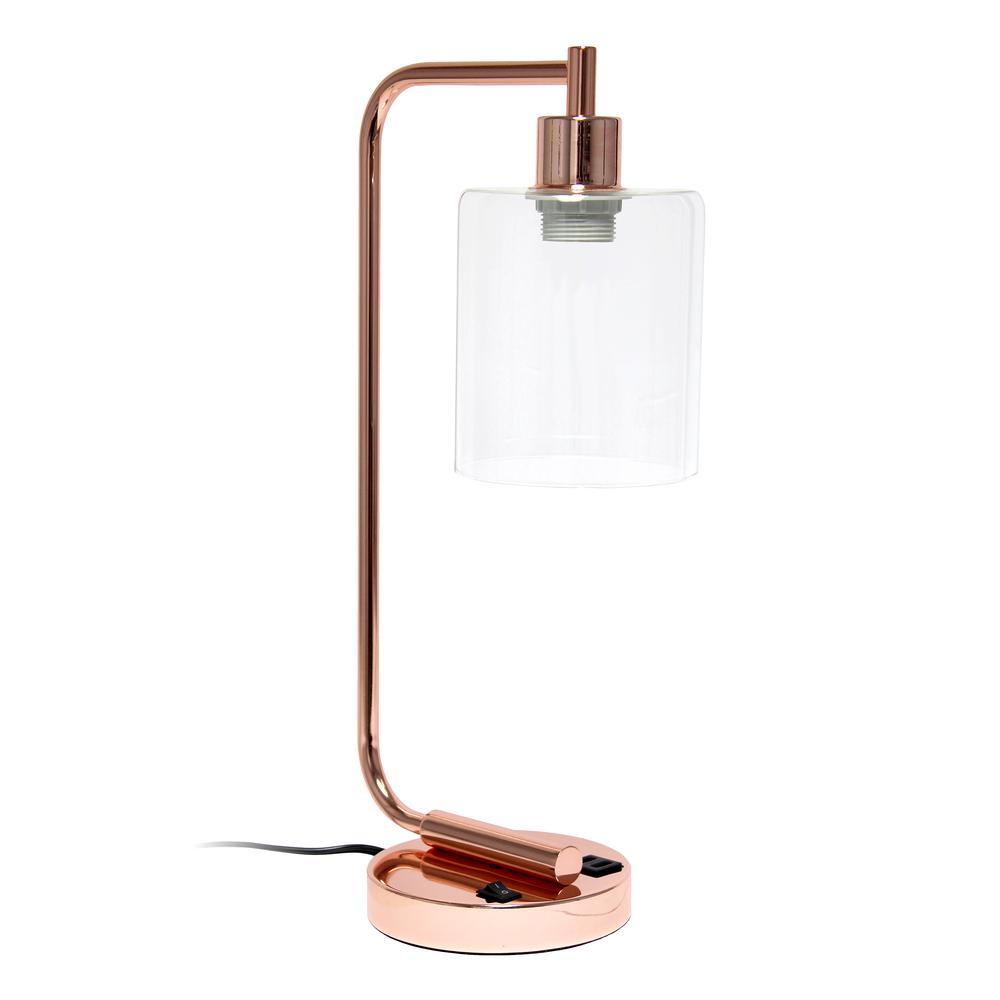 Bronson Antique Industrial Iron Lantern Desk Lamp with USB and Glass, Rose Gold. Picture 7