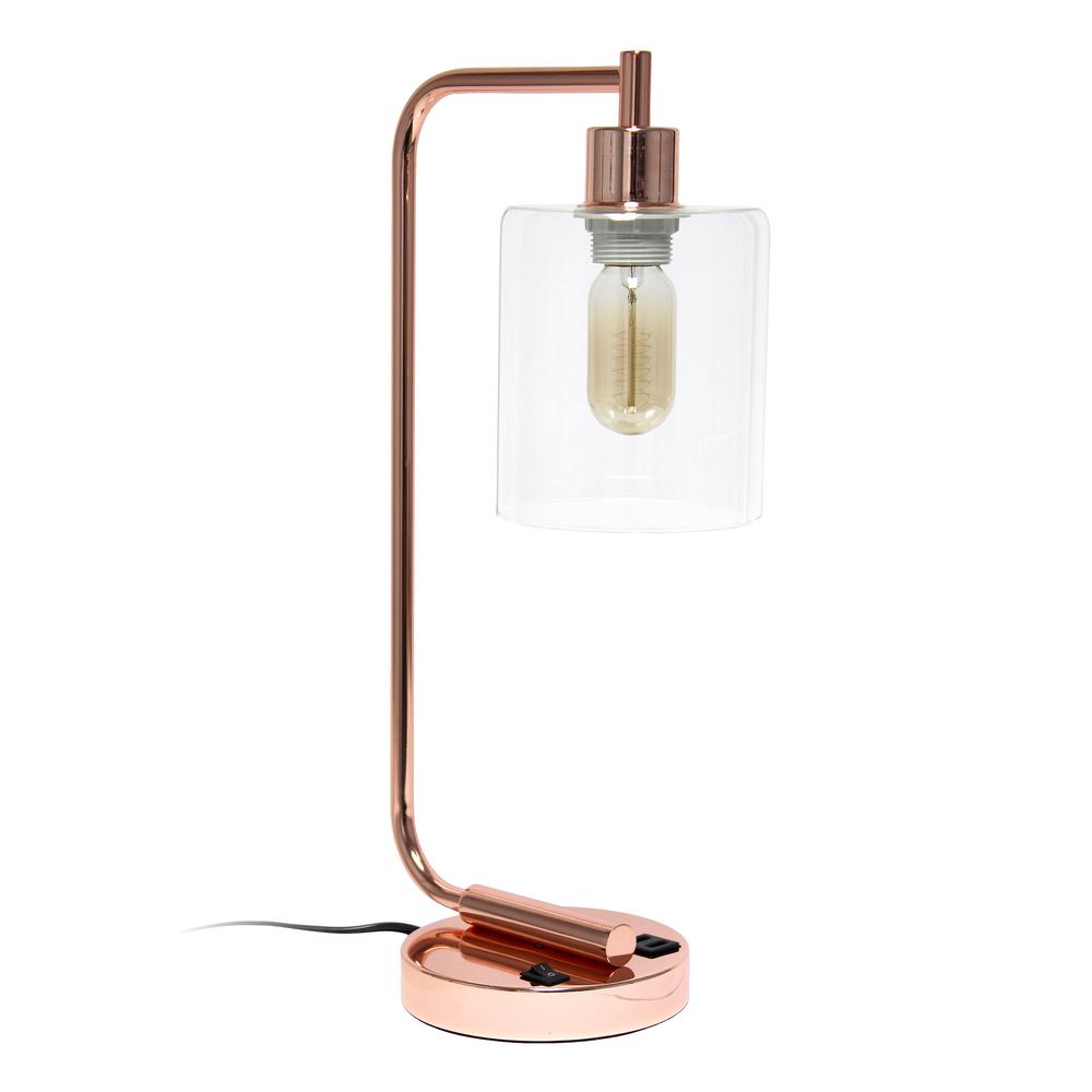 Bronson Antique Industrial Iron Lantern Desk Lamp with USB and Glass, Rose Gold. Picture 10
