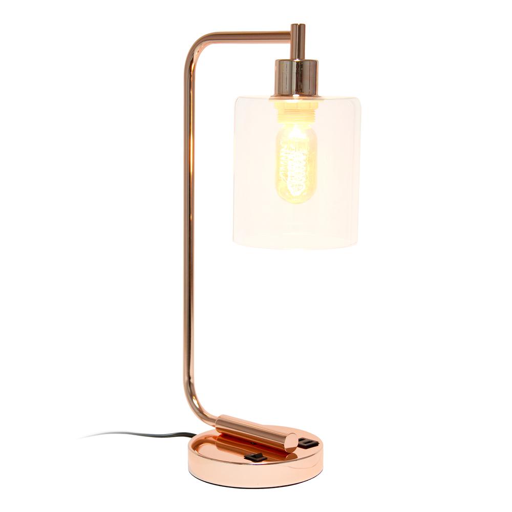 Bronson Antique Industrial Iron Lantern Desk Lamp with USB and Glass, Rose Gold. Picture 1