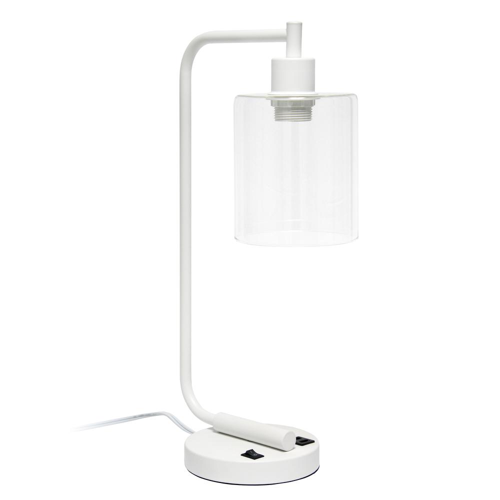 Bronson Antique Style Industrial Iron Lantern Desk Lamp with USB and Glass White. Picture 9