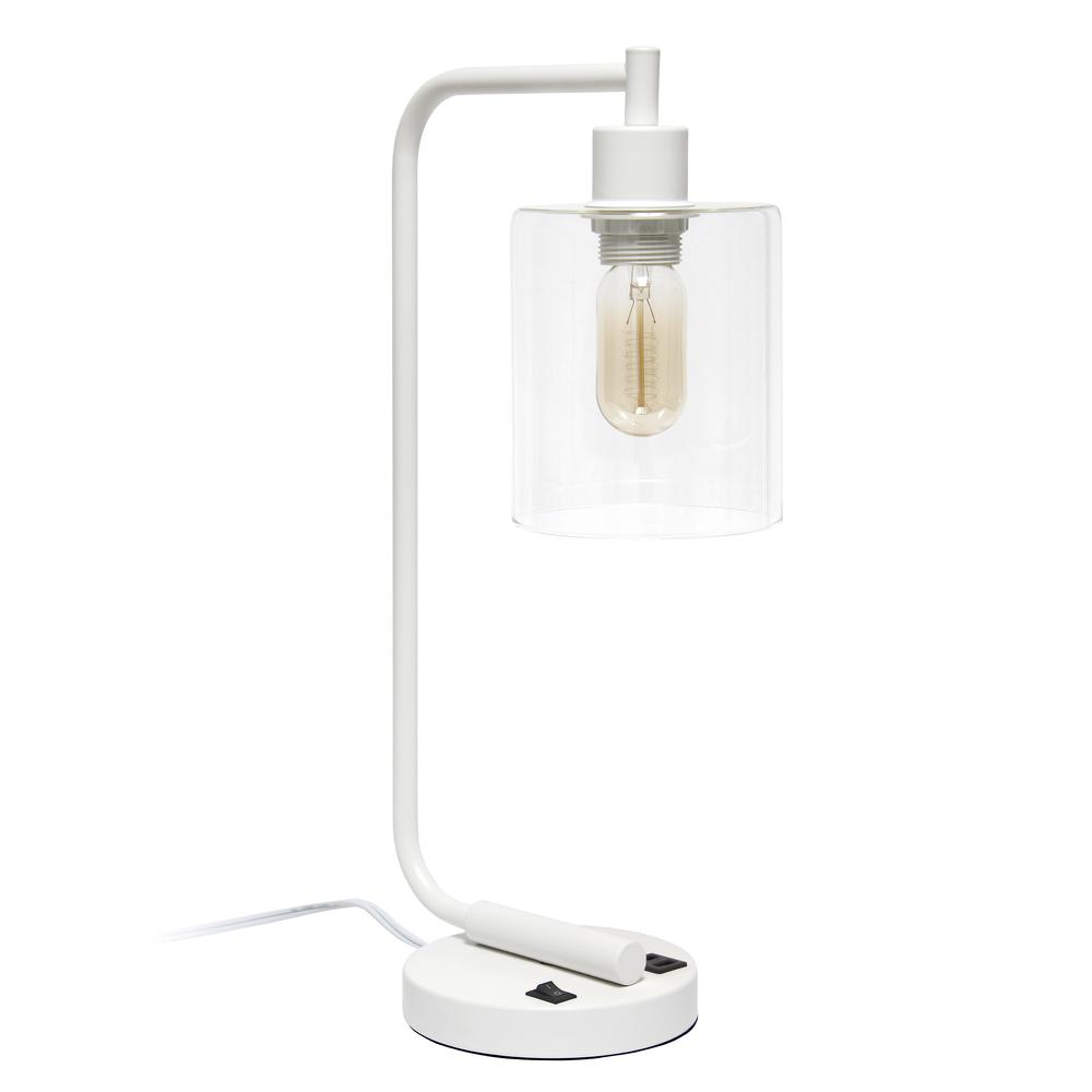 Bronson Antique Style Industrial Iron Lantern Desk Lamp with USB and Glass White. Picture 10