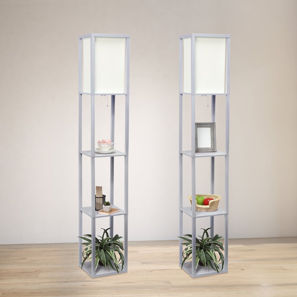 62.5" Organizer Storage Floor Lamp 2 Pack Set with White Linen Shade, Gray. Picture 2