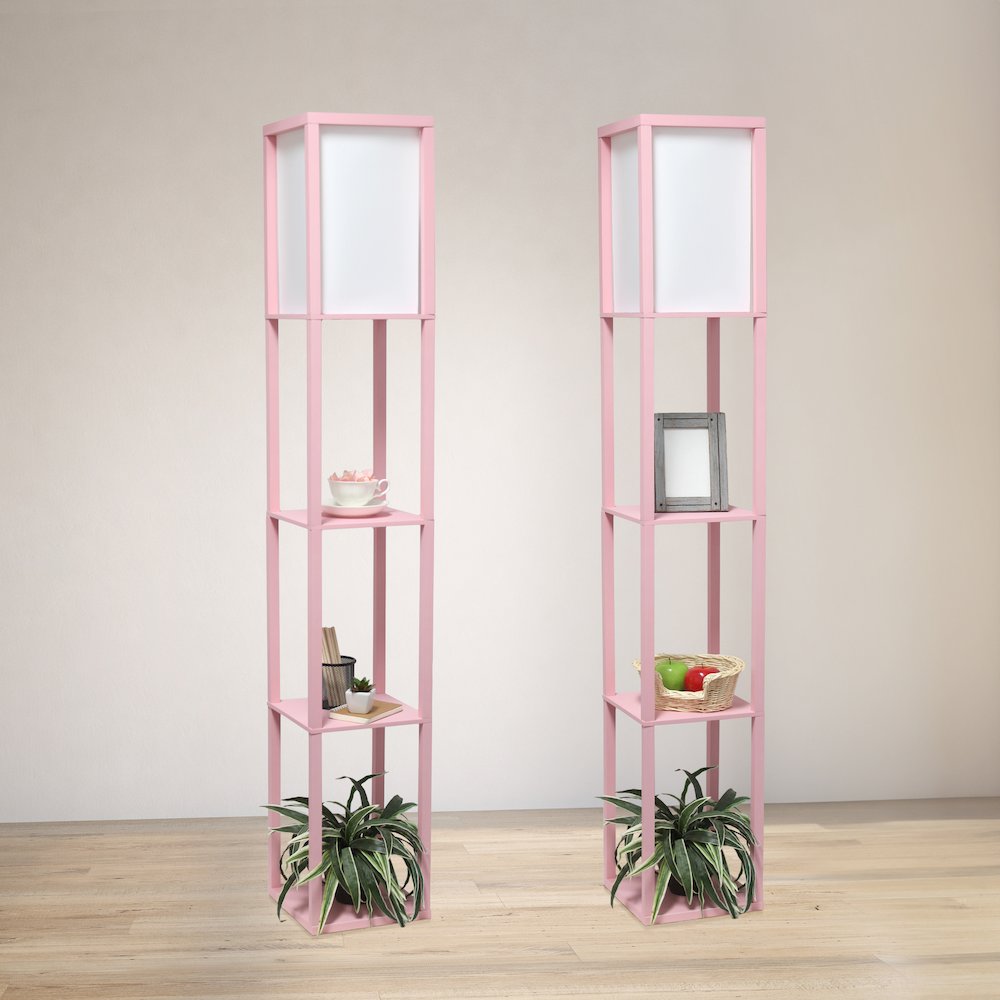 62.5" Organizer Storage Floor Lamp 2 Pack Set with White Linen Shade, Light Pink. Picture 3