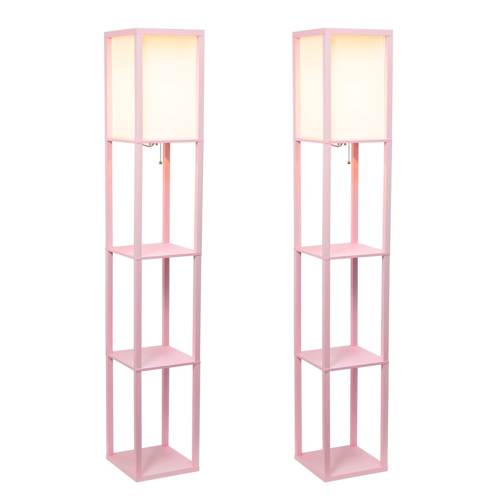 62.5" Organizer Storage Floor Lamp 2 Pack Set with White Linen Shade, Light Pink. Picture 9