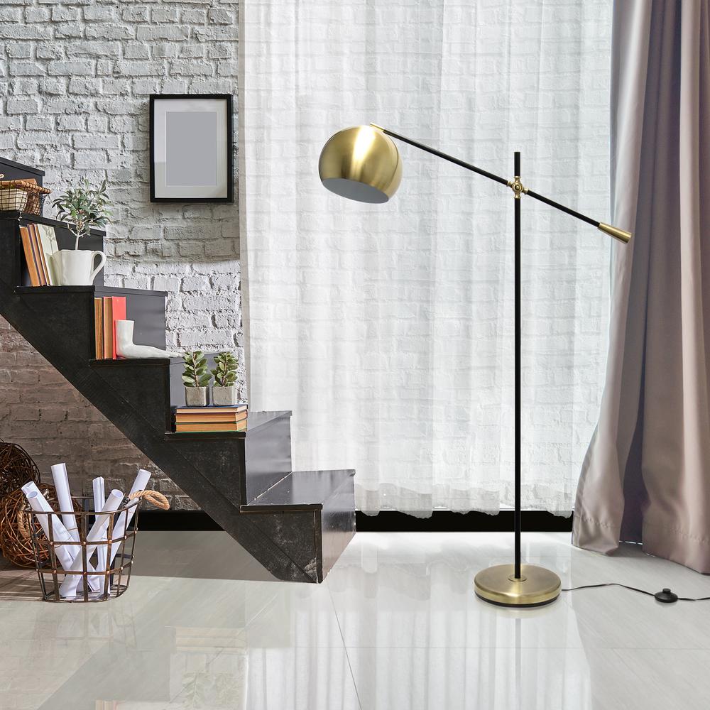 Elegant Designs Matte Black Pivot Arm Floor Lamp, Antique Brass. Picture 7