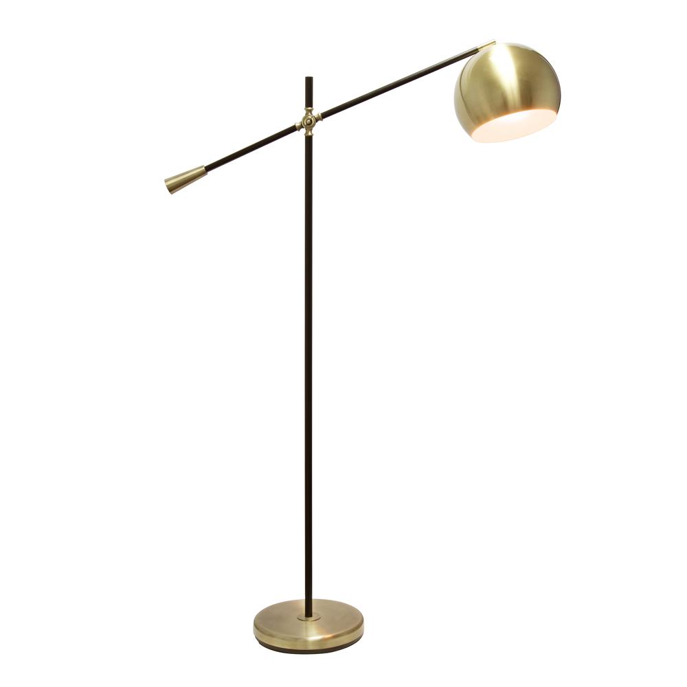 Elegant Designs Matte Black Pivot Arm Floor Lamp, Antique Brass. Picture 1
