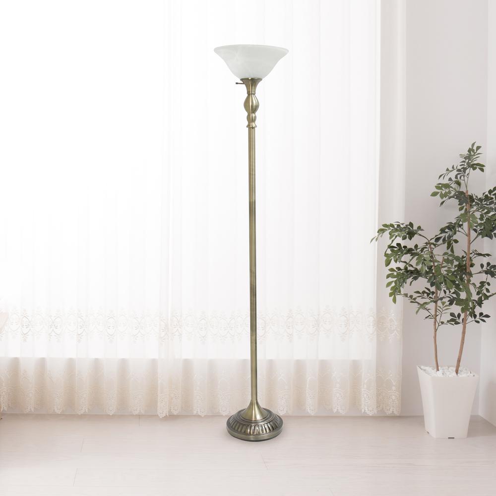 1 Light Torchiere Floor Lamp with Marbleized White Glass Shade, Antique Brass. Picture 1
