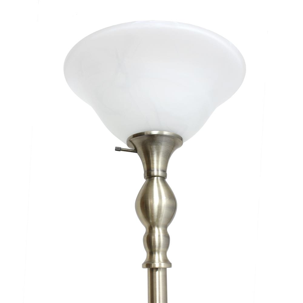 1 Light Torchiere Floor Lamp with Marbleized White Glass Shade, Antique Brass. Picture 3