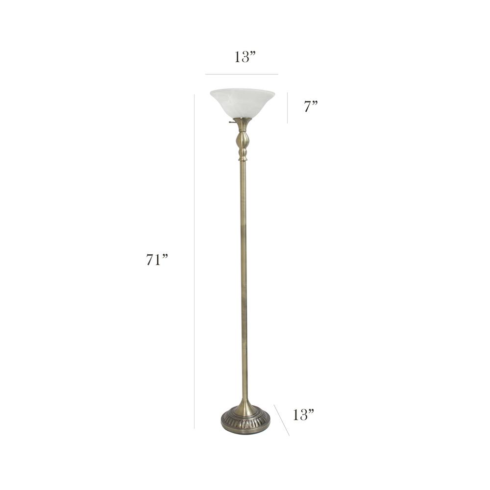 1 Light Torchiere Floor Lamp with Marbleized White Glass Shade, Antique Brass. Picture 5