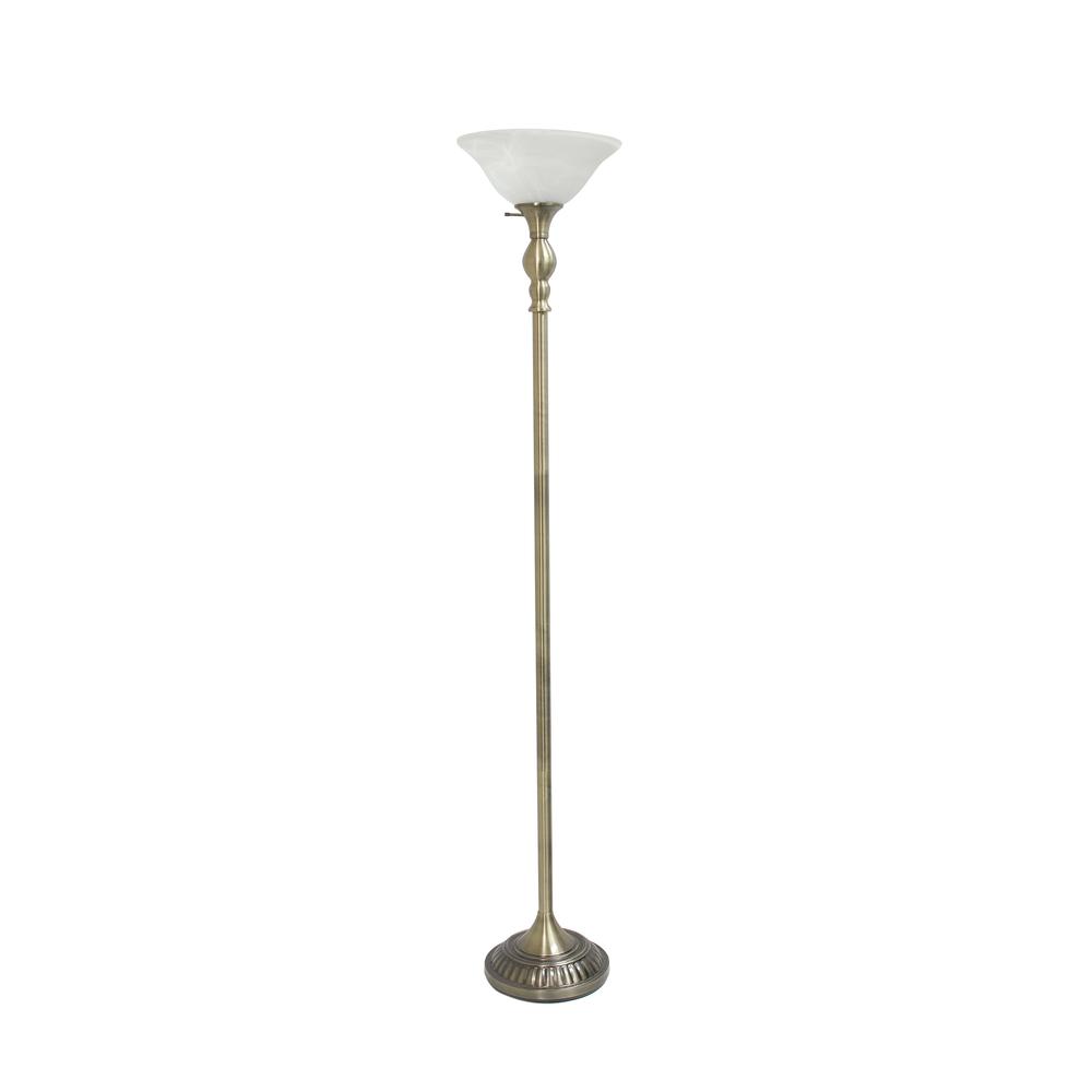 1 Light Torchiere Floor Lamp with Marbleized White Glass Shade, Antique Brass. Picture 7