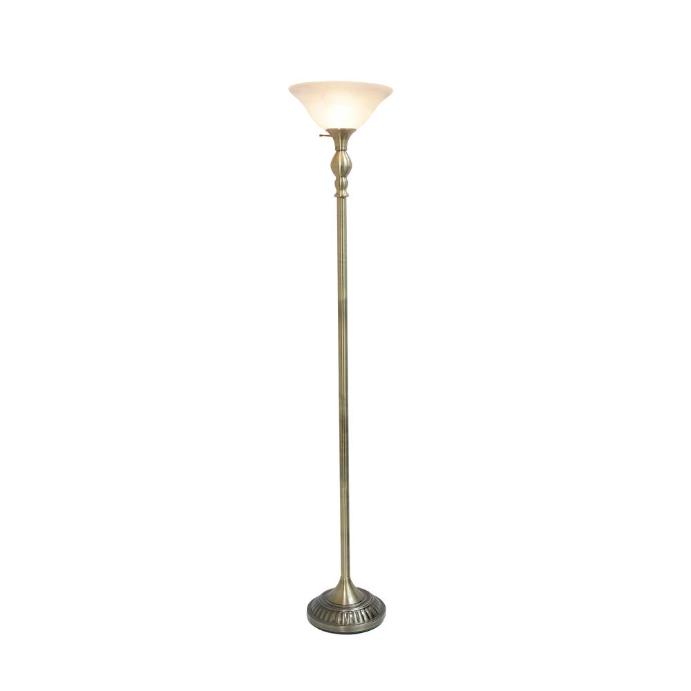 1 Light Torchiere Floor Lamp with Marbleized White Glass Shade, Antique Brass. Picture 8