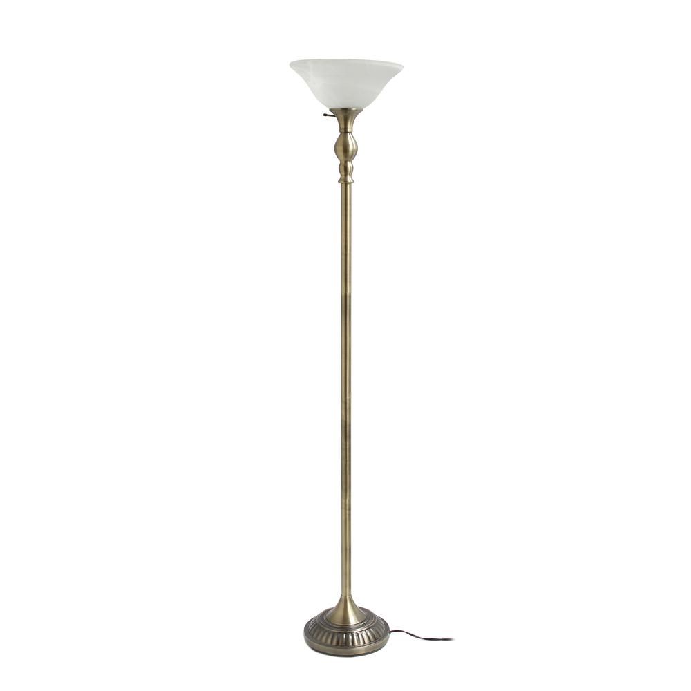 1 Light Torchiere Floor Lamp with Marbleized White Glass Shade, Antique Brass. Picture 9