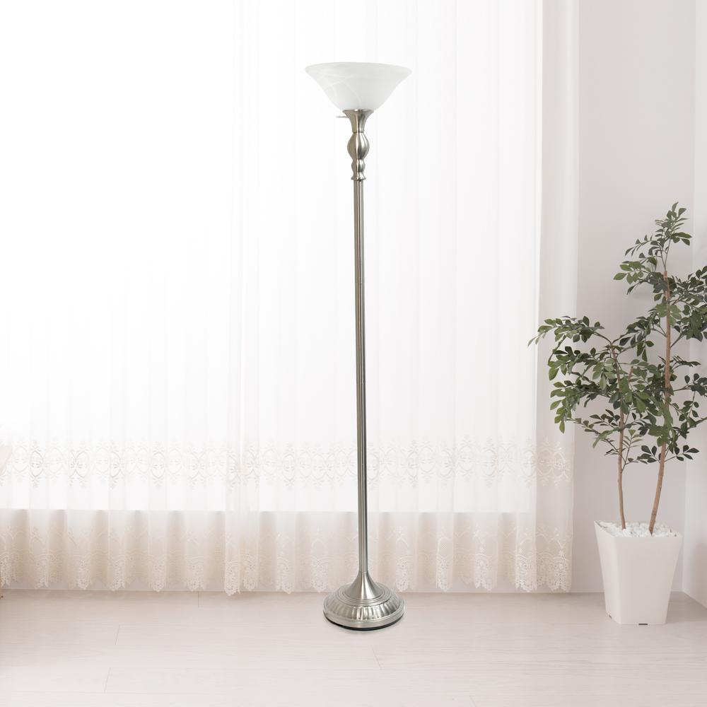1 Light Torchiere Floor Lamp with Marbleized White Glass Shade, Brushed Nickel. Picture 1