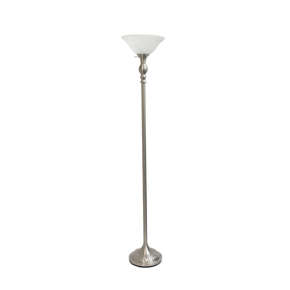 1 Light Torchiere Floor Lamp with Marbleized White Glass Shade, Brushed Nickel. Picture 7