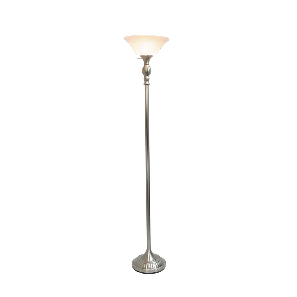 1 Light Torchiere Floor Lamp with Marbleized White Glass Shade, Brushed Nickel. Picture 8