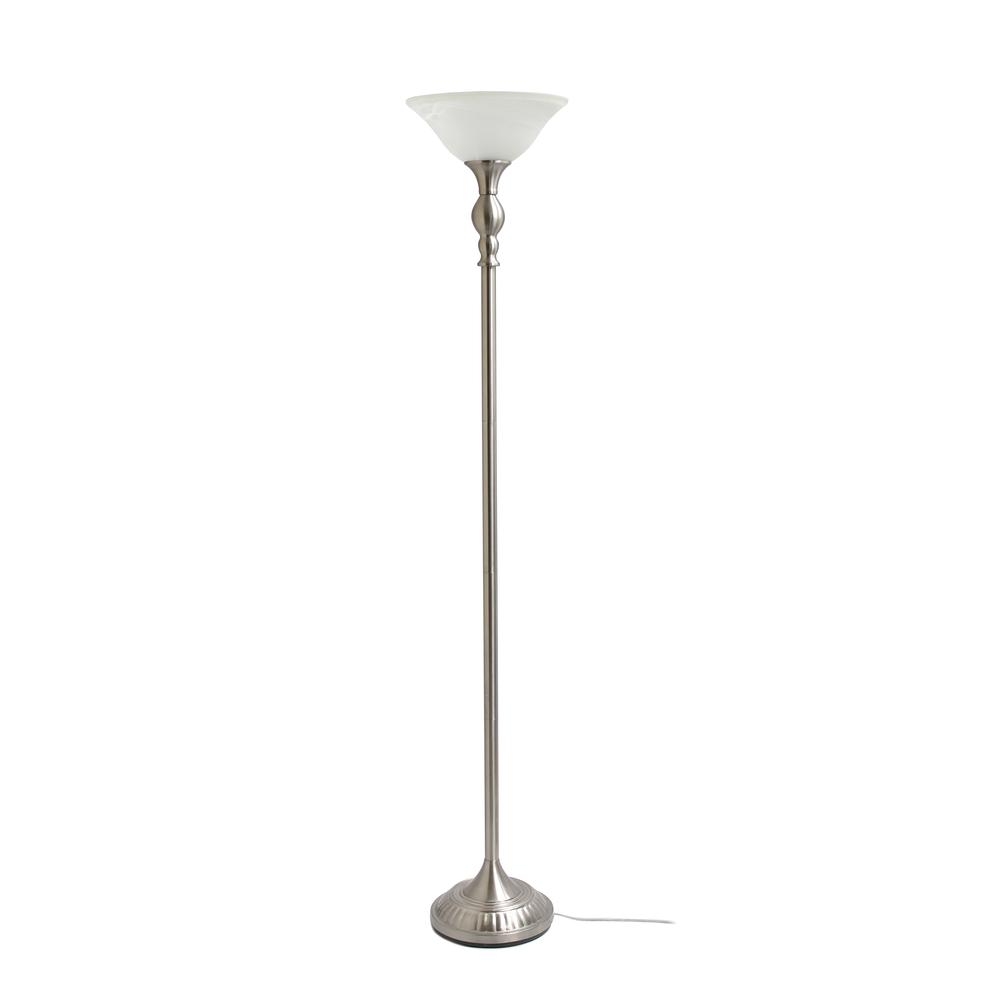 1 Light Torchiere Floor Lamp with Marbleized White Glass Shade, Brushed Nickel. Picture 9