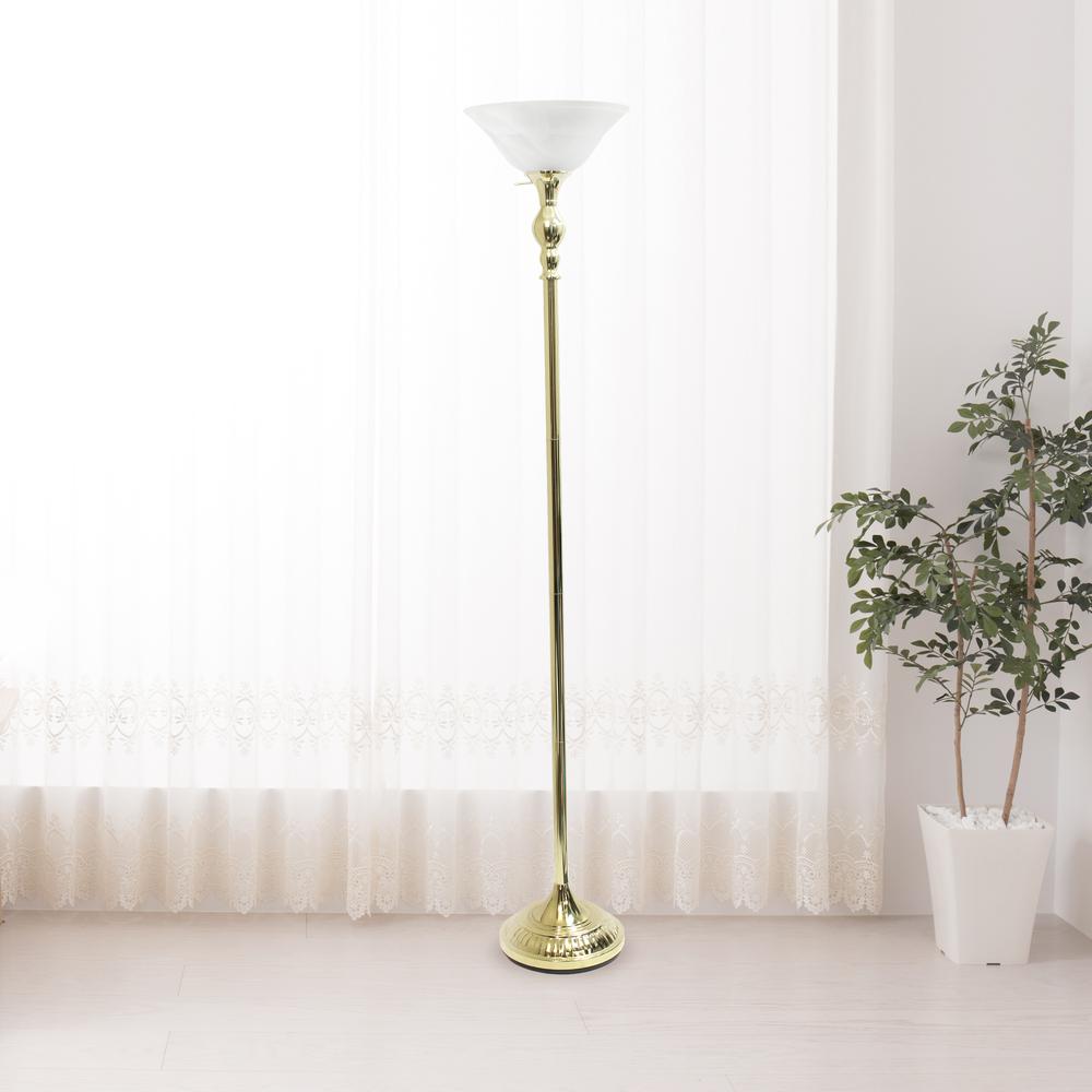 1 Light Torchiere Floor Lamp with Marbleized White Glass Shade, Gold. Picture 1