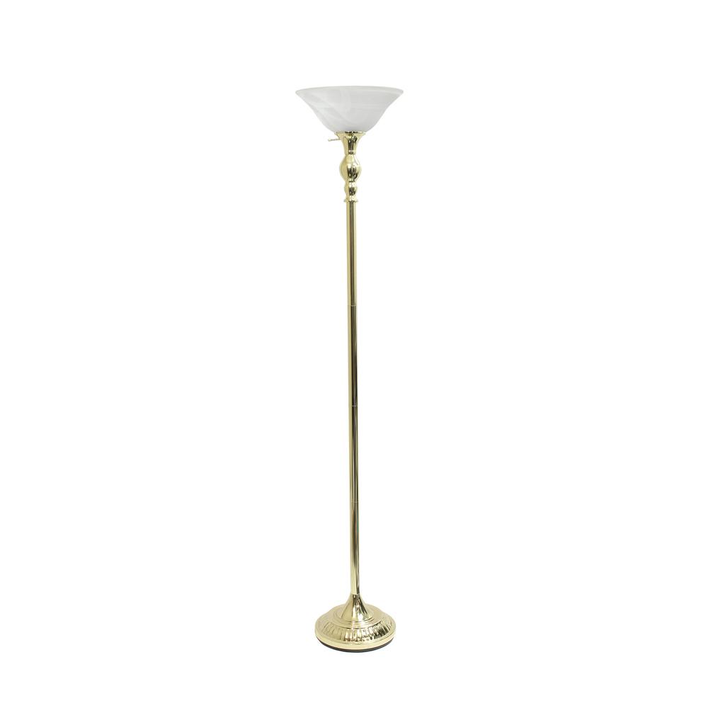 1 Light Torchiere Floor Lamp with Marbleized White Glass Shade, Gold. Picture 7
