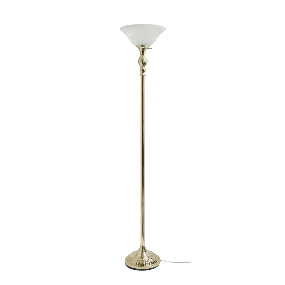 1 Light Torchiere Floor Lamp with Marbleized White Glass Shade, Gold. Picture 9