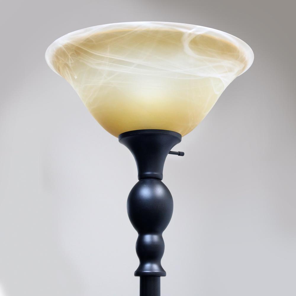 Elegant Designs 1 Light Torchiere Floor Lamp with Marbelized Amber Glass Shade, Restoration Bronze