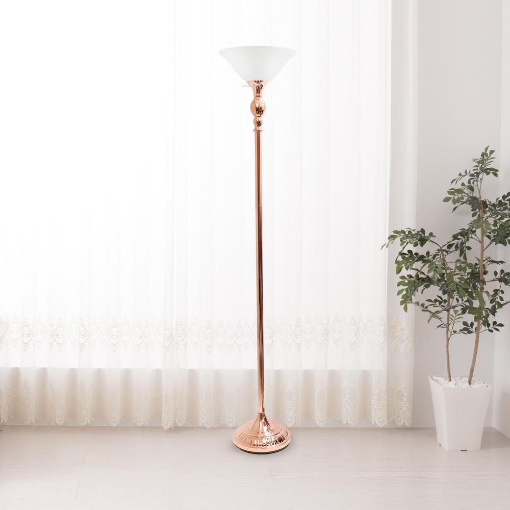 1 Light Torchiere Floor Lamp with Marbleized White Glass Shade, Rose Gold. Picture 1