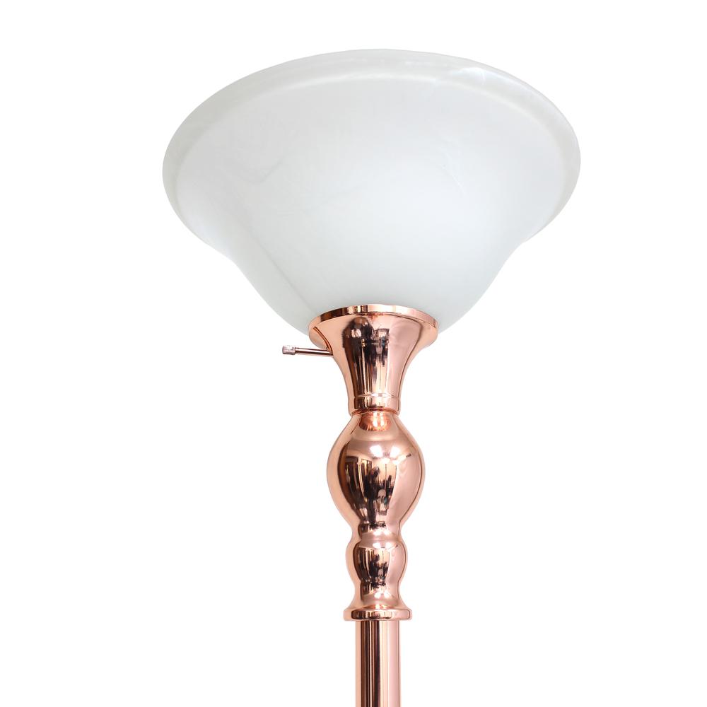 1 Light Torchiere Floor Lamp with Marbleized White Glass Shade, Rose Gold. Picture 3