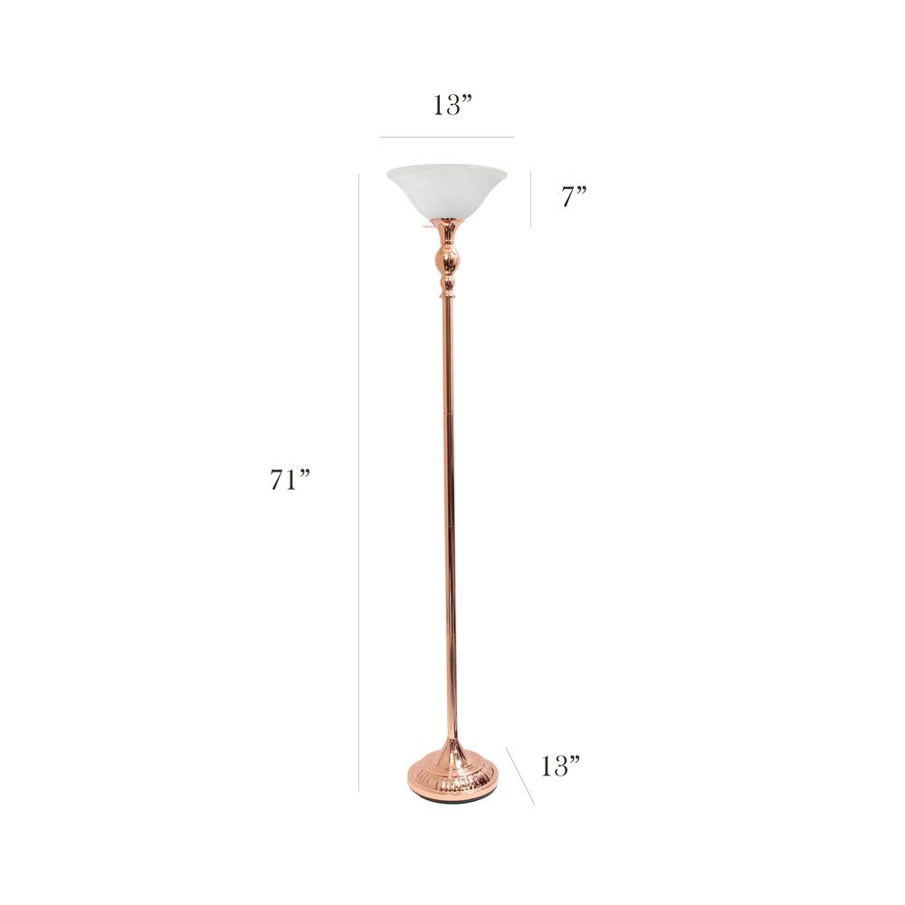1 Light Torchiere Floor Lamp with Marbleized White Glass Shade, Rose Gold. Picture 5