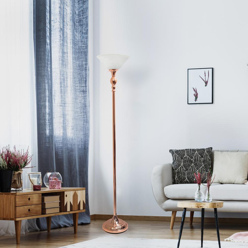 1 Light Torchiere Floor Lamp with Marbleized White Glass Shade, Rose Gold. Picture 6