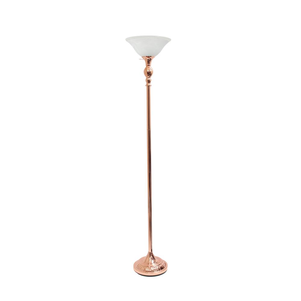 1 Light Torchiere Floor Lamp with Marbleized White Glass Shade, Rose Gold. Picture 7