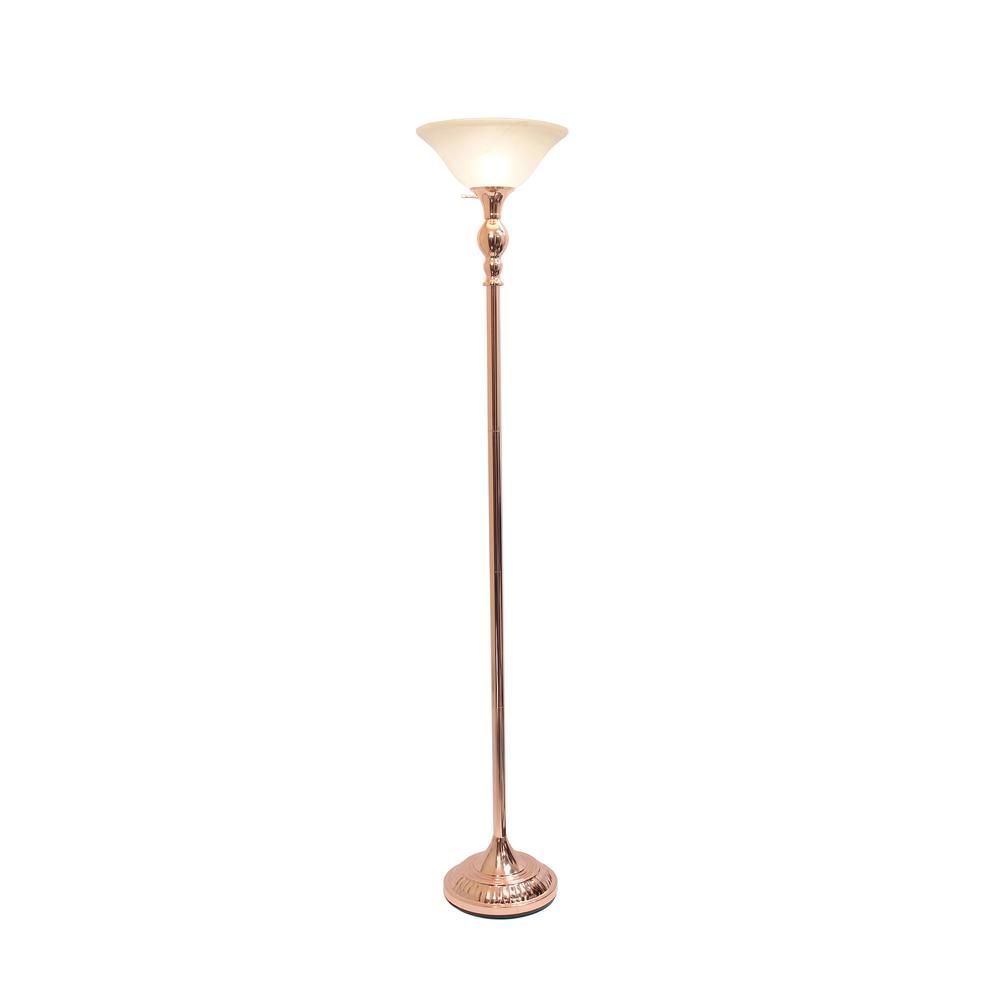 1 Light Torchiere Floor Lamp with Marbleized White Glass Shade, Rose Gold. Picture 8
