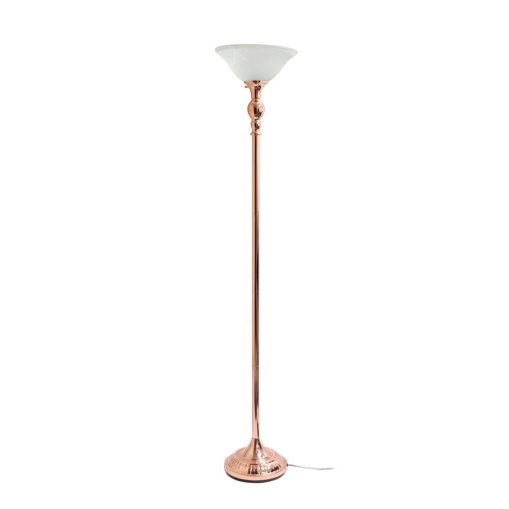 1 Light Torchiere Floor Lamp with Marbleized White Glass Shade, Rose Gold. Picture 9