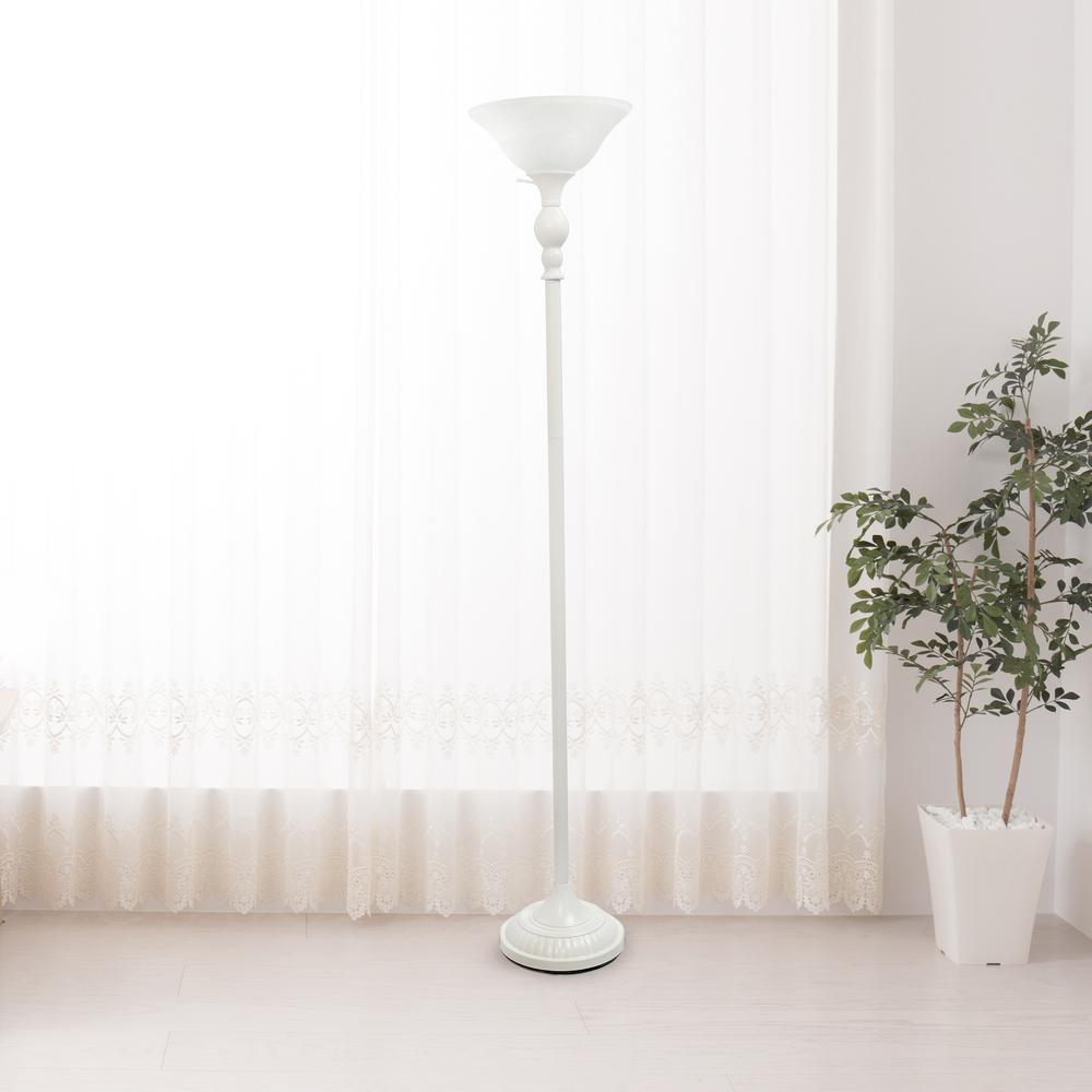 1 Light Torchiere Floor Lamp with Marbleized White Glass Shade, White. Picture 1