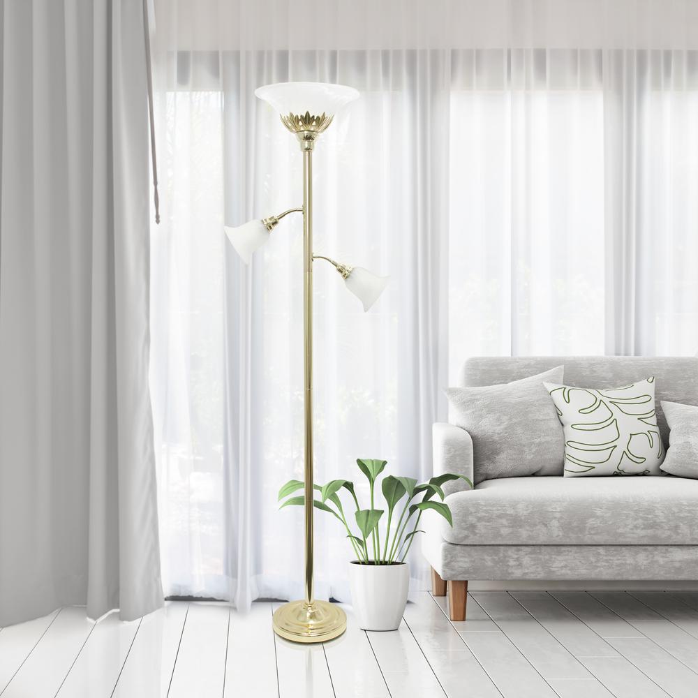 3 Light Floor Lamp with Scalloped Glass Shades, Gold. Picture 2