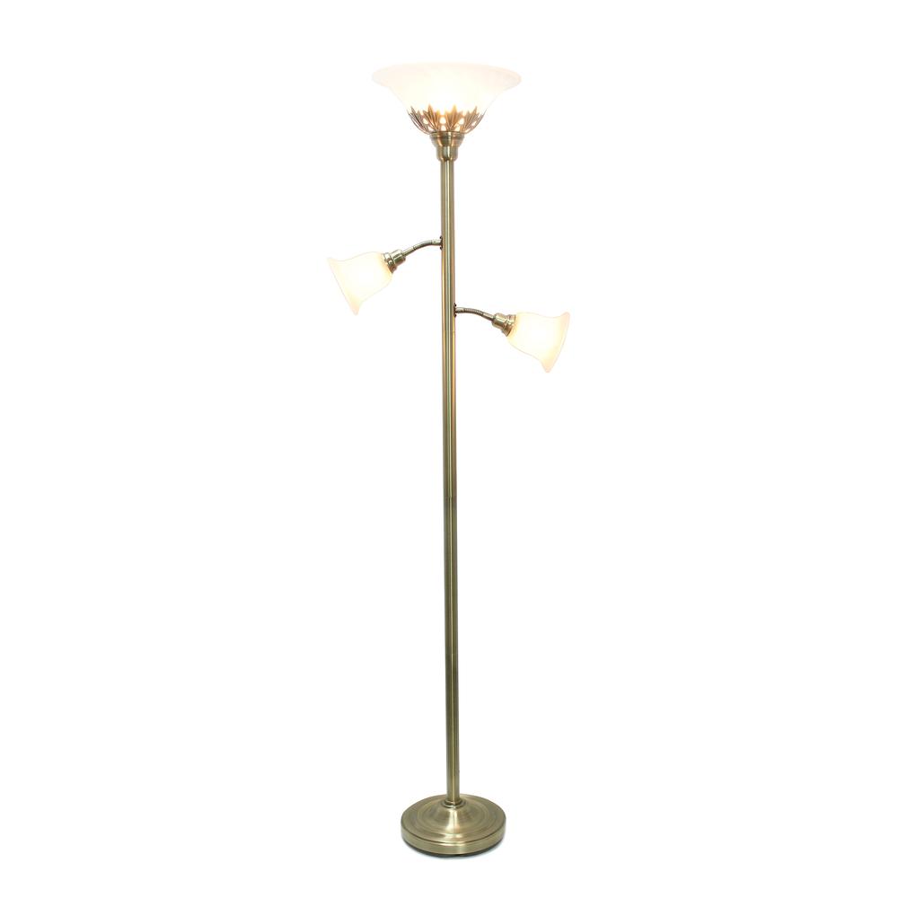 Torchiere Floor Lamp with 2 Reading Lights and Scalloped Glass Shades. Picture 2