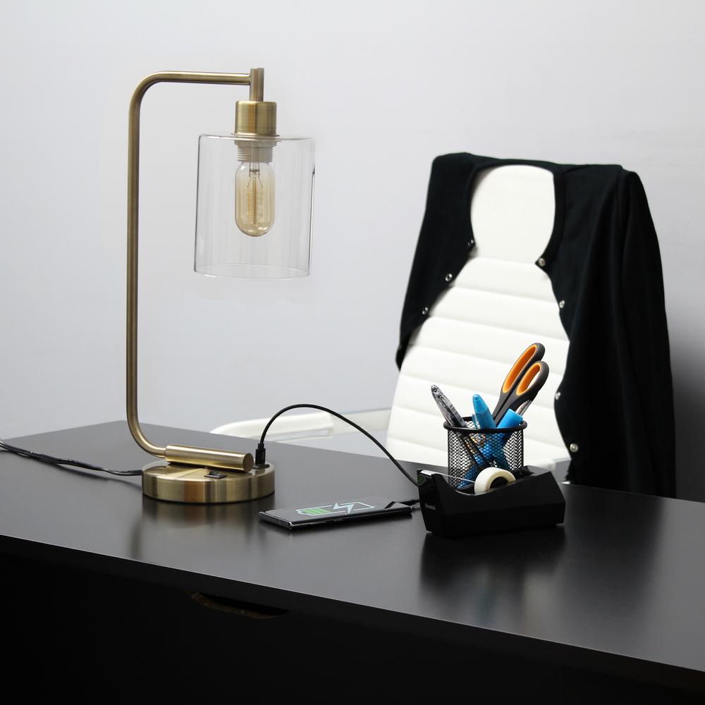 Modern Iron Desk Lamp with USB Port and Glass Shade, Antique Brass. Picture 12