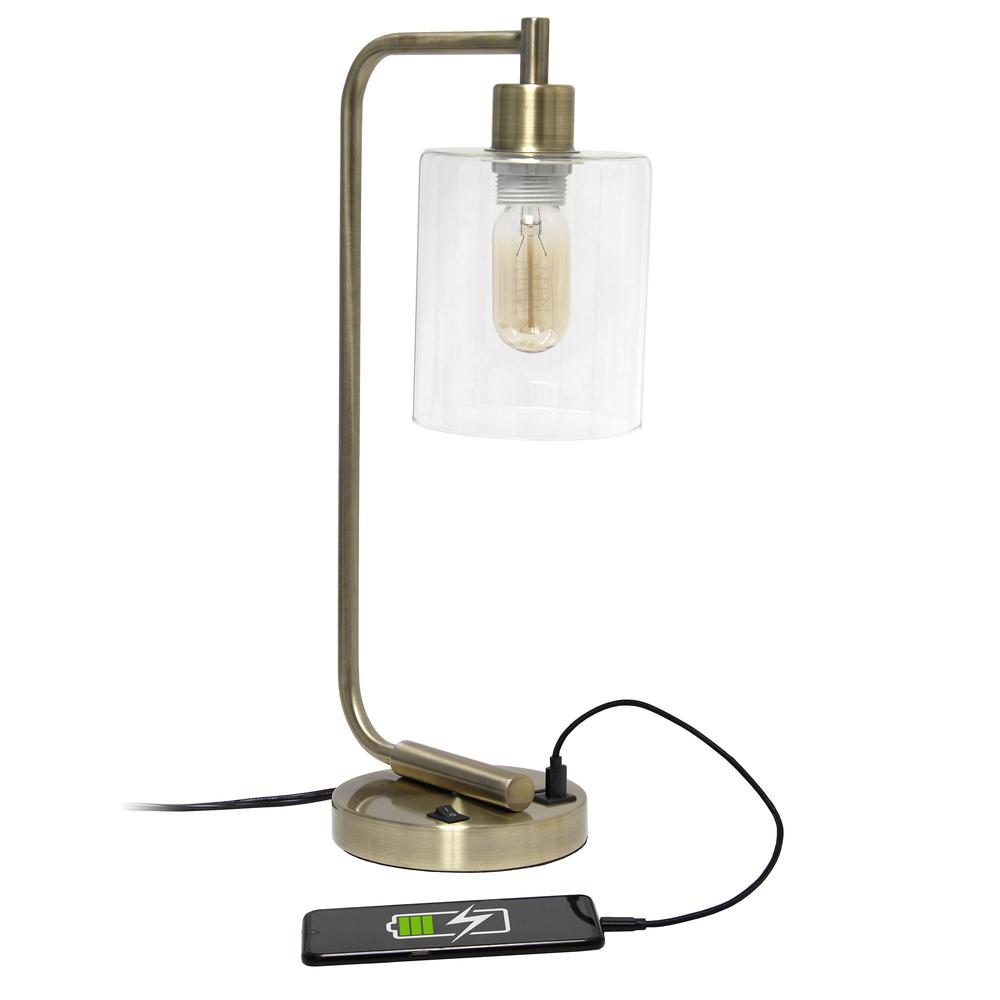 Modern Iron Desk Lamp with USB Port and Glass Shade, Antique Brass. Picture 1