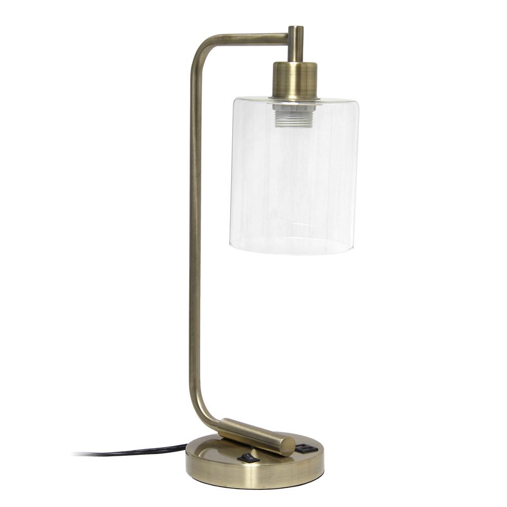 Modern Iron Desk Lamp with USB Port and Glass Shade, Antique Brass. Picture 2